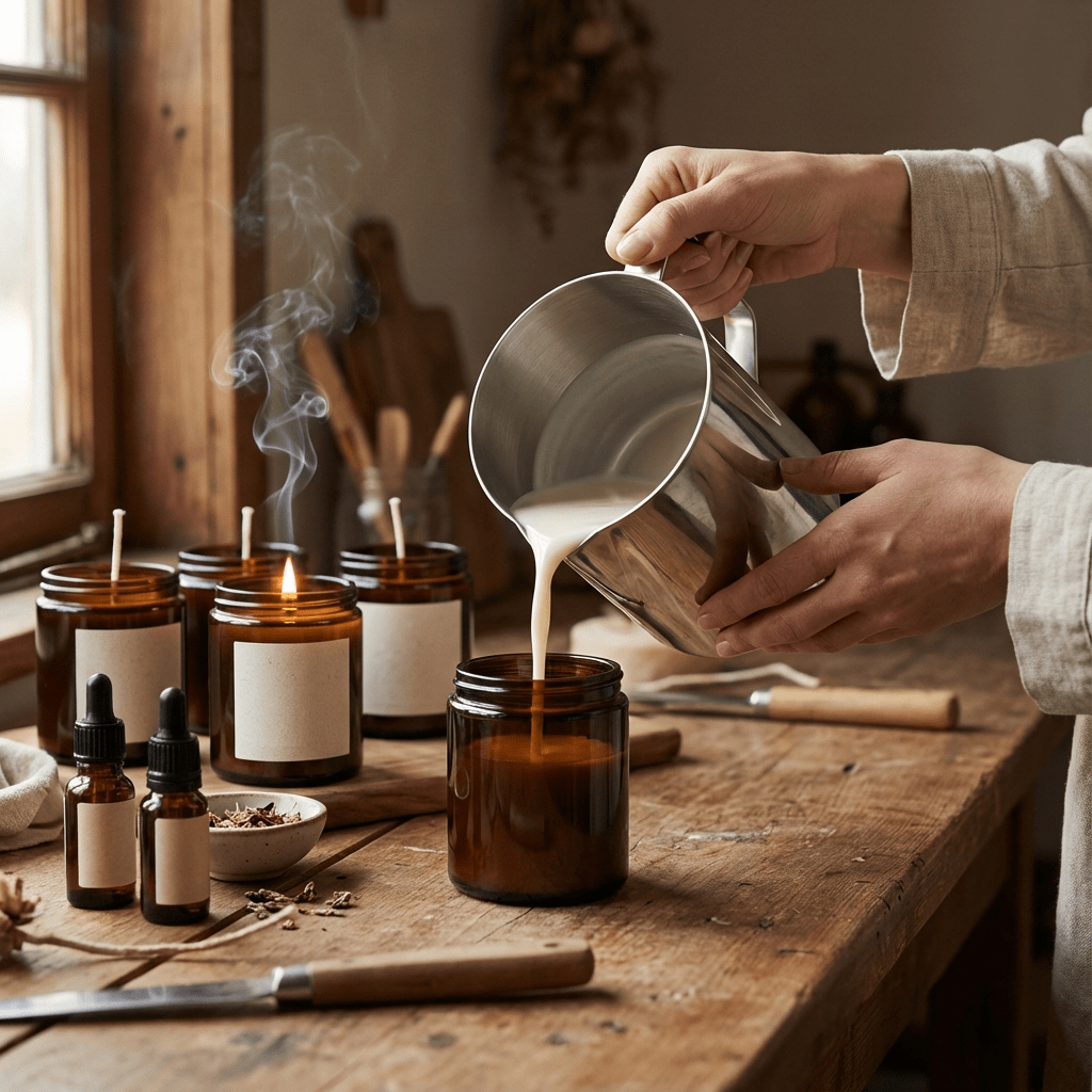 Ruce nalévající sójový vosk do svícnu